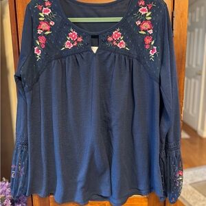 Navy Blue Floral Embroidered Women's Top